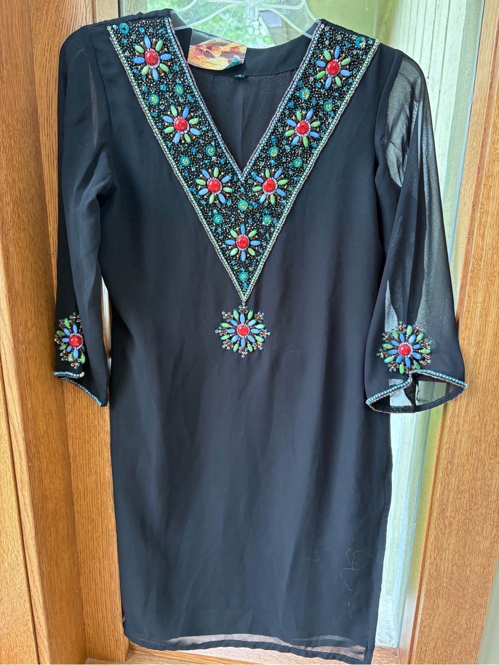 Amazing Black Beaded V-Neck Tunic Dress with Floral Accents